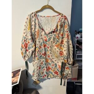 Cherrybetty Floral Paisley Tunic Top Multicolor XL Split V-Neck 3/4 Sleeve